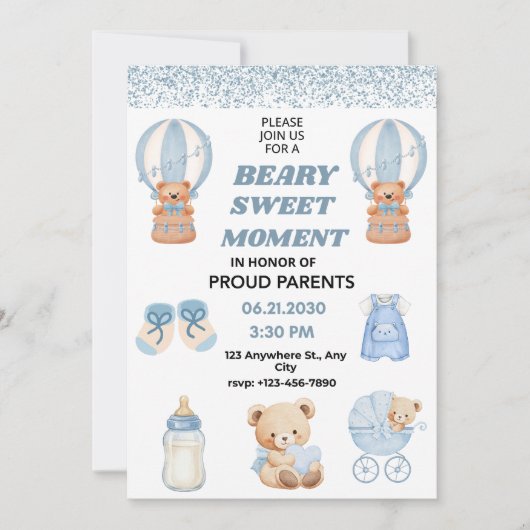 CHARMING WHITE  SKY BLUE 5X7  BEAR BOY BABY SHOWER 招待状 (正面)