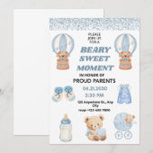 CHARMING WHITE  SKY BLUE 5X7  BEAR BOY BABY SHOWER 招待状 (正面/裏面)