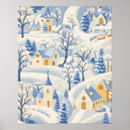 Charming Winter Village Scene in Snowy Landscape ポスター