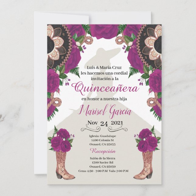 Charra Quinceanera Invitation, Purple Mariachi (正面)