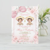 Charra Twin Girl Pink Floral Baptism 1st Birthday 招待状 (スタンド正面)