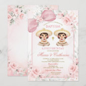 Charra Twin Girl Pink Floral Baptism 1st Birthday 招待状 (正面/裏面)