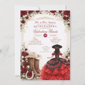 Charra Western Quince Red Rose Quinceañera 招待状