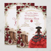 Charra Western Quince Red Rose Quinceañera 招待状 (正面/裏面)