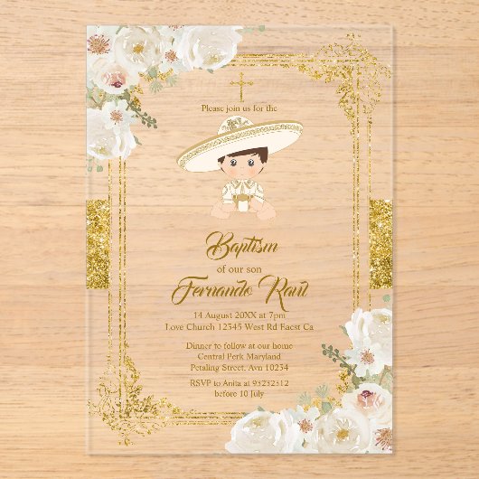 Charro Mexican Gold Fiesta Boy Baptism Christening アクリル招待状 (正面)