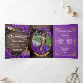 Charro Purpleバラ国Add Photo Quinceanera 三つ折り招待状