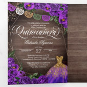 Charro Purpleバラ国Add Photo Quinceanera 三つ折り招待状 (内部最初)
