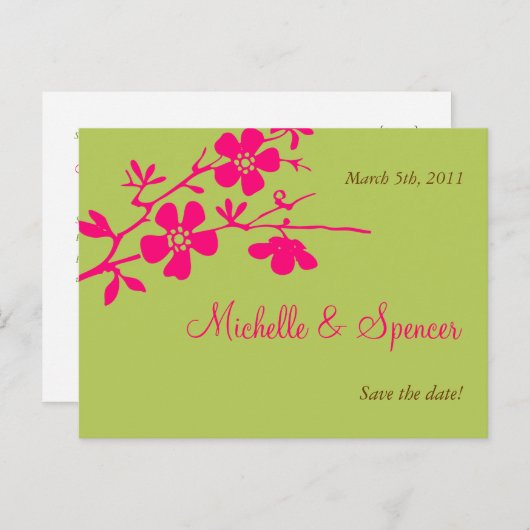 ChartreuseとPinkの花が日程を保存 案内ポストカード (正面/裏面)