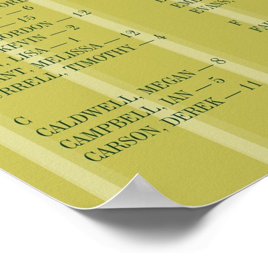 Chartreuse Alphabetical Wedding Seating Chart ポスター (角)