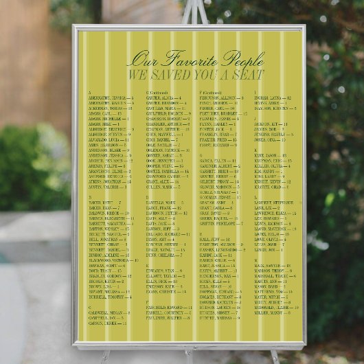 Chartreuse Alphabetical Wedding Seating Chart ポスター