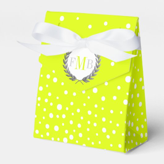 Chartreuse and white polka dot pattern wedding fav フェイバーボックス (正面サイド)