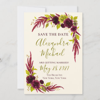 Chartreuse & Burgundy Floral Save the Date Card  招待状