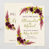 Chartreuse & Burgundy Floral Save the Date Card  招待状 (正面/裏面)