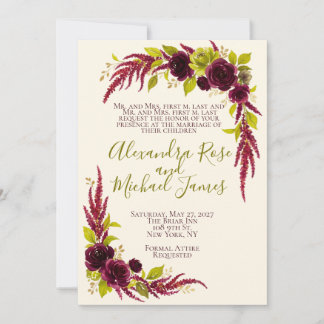 Chartreuse & Burgundy Floral Wedding Invitation 招待状