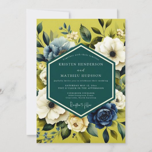 Chartreuse Indigo Bloom Wedding 招待状 (正面)