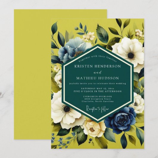 Chartreuse Indigo Bloom Wedding 招待状 (正面/裏面)