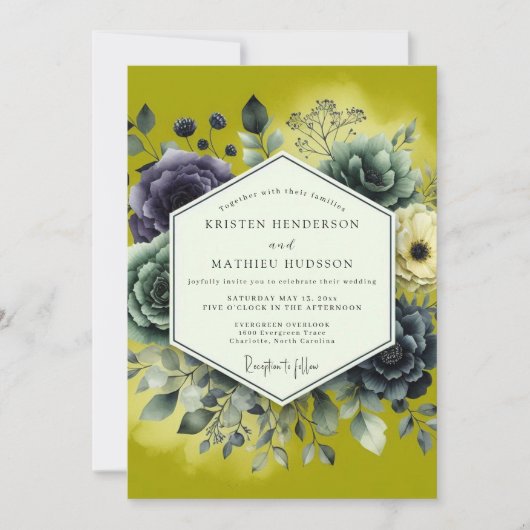 Chartreuse Lush Botanical Wedding 招待状 (正面)