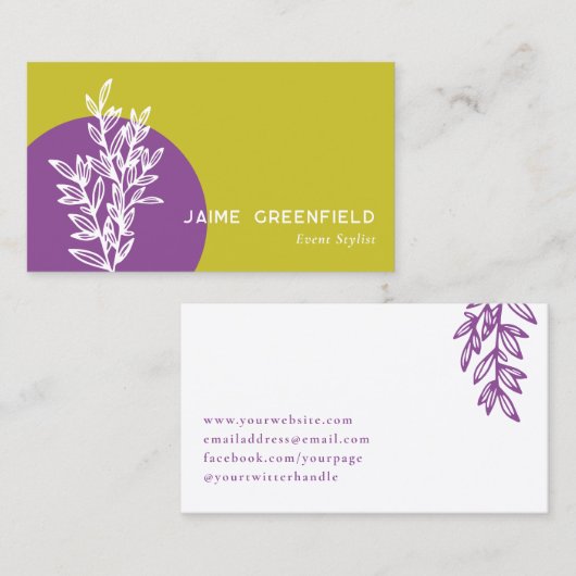 Chartreuse Purple Greenery Line Art Business Card 名刺 (正面/裏面)
