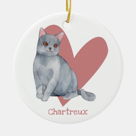 Chartreuxキャットウォーターカラー子猫ピンクハート セラミックオーナメント (正面)