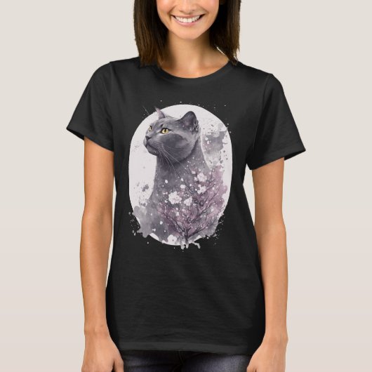 Chartreux Cat Japanese Cherry Blossom Floral Sakur Tシャツ (正面)