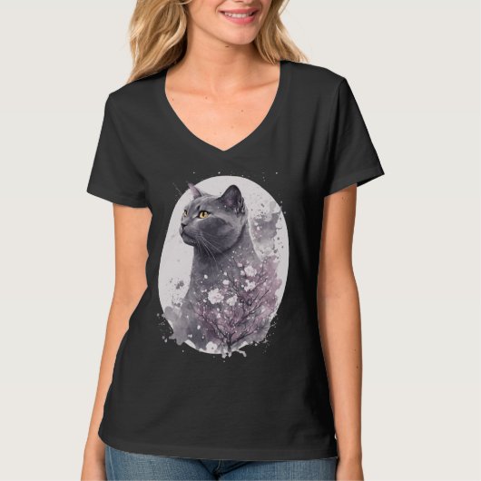 Chartreux Cat Japanese Cherry Blossom Floral Sakur Tシャツ (正面)