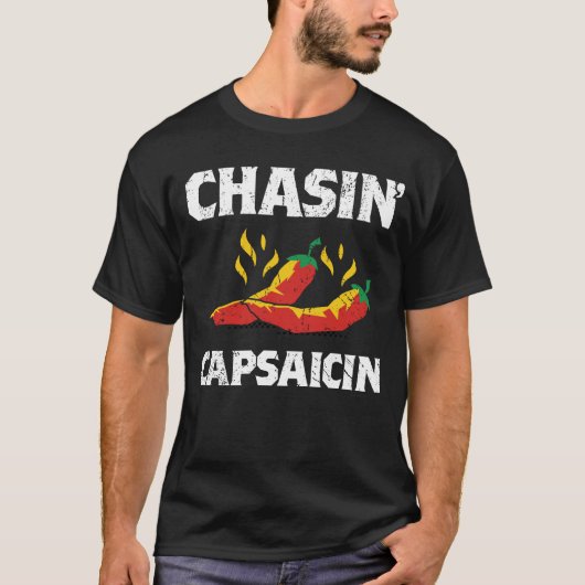 Chasin' Capsaicin熱おもしろいスパイシー唐辛子ソースGif Tシャツ (正面)