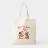 Chasing Love – かわいい子犬と子猫ラブデザイン トートバッグ (裏面)