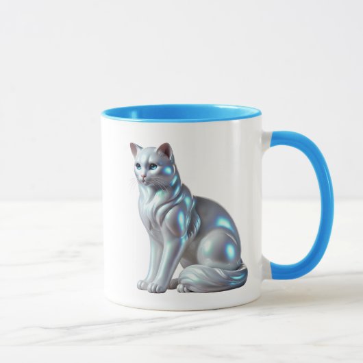 Chat assis en 3D, argenté avec reflets lumineux. マグカップ (右)