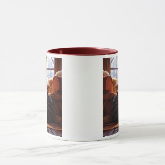 Chat endormi près du feu dans un chalet en bois. マグカップ (中央)