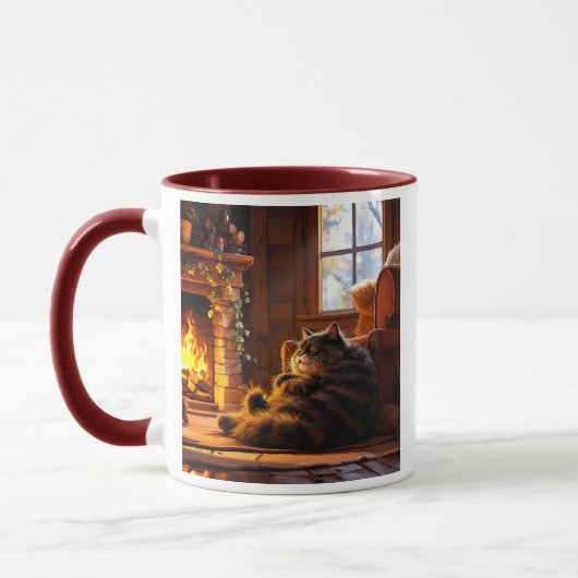 Chat endormi près du feu dans un chalet en bois. マグカップ (左)
