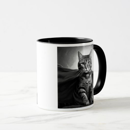 Chat héroïque avec cape et chaton. マグカップ (正面右)