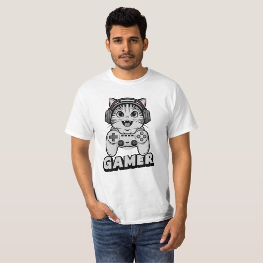 Chat mignon et manette de jeu vidèo tシャツ (正面フル)