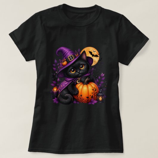 Chat Noir Halloween Kawaii – Sorcière, Citrouille Tシャツ (デザイン正面)