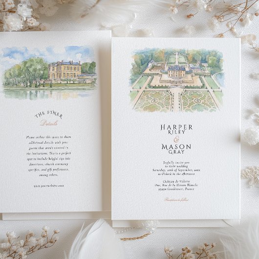 Château de Villette France Watercolor Wedding 招待状