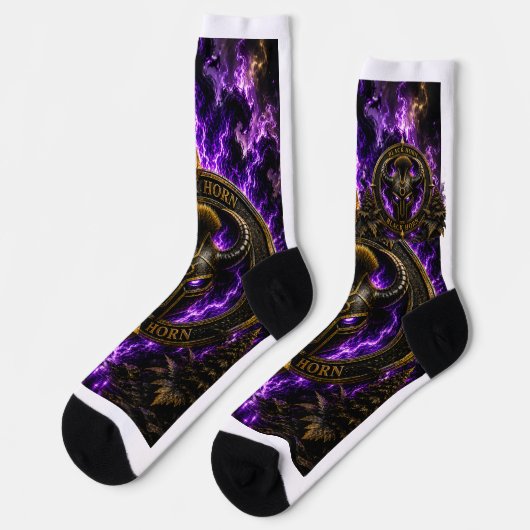 Chaussettes Black Horn – Casque Viking avec Flamme ソックス (左)
