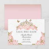 CHEAP Blush Pink Floral Gold Tiara Quinceanera ノートカード (正面/裏面)