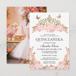 Cheap Blush Pink Floral Tiara Photo Quinceanera ノートカード