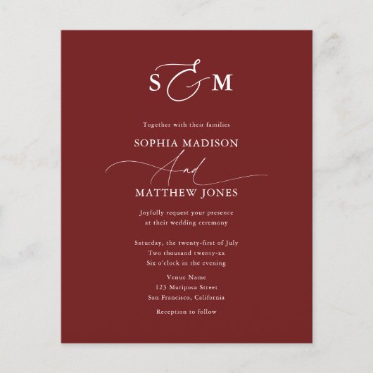 Cheap Elegant Monogram Wedding QR Code Burgundy チラシ (正面)