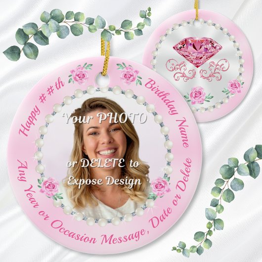 Cheap, Personalized Photo Birthday Ornaments, Pink セラミックオーナメント