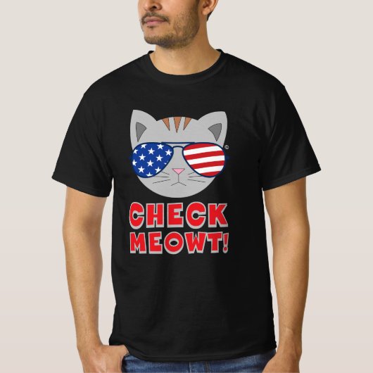 CHECK MEOWT! アメリカ国旗サングラス猫 Tシャツ (正面)
