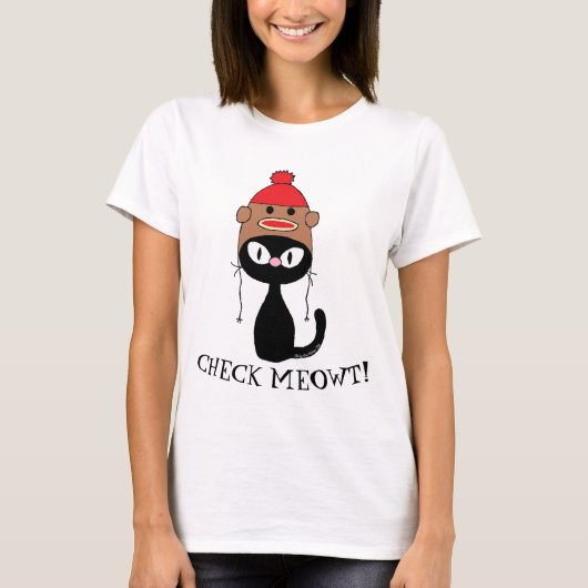 CHECK MEOWT! ソックモンキーの帽子をかぶった黒猫 Tシャツ (正面)