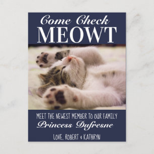 「Check Meowt」新しい猫のお知らせ青 ポストカード