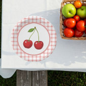 Checked Paper Plates with Cherries for Parties ペーパープレート