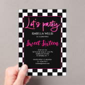 Checker hot pink black white Lets party Sweet 16 アクリル招待状 (インサイチュ (ポータブル))