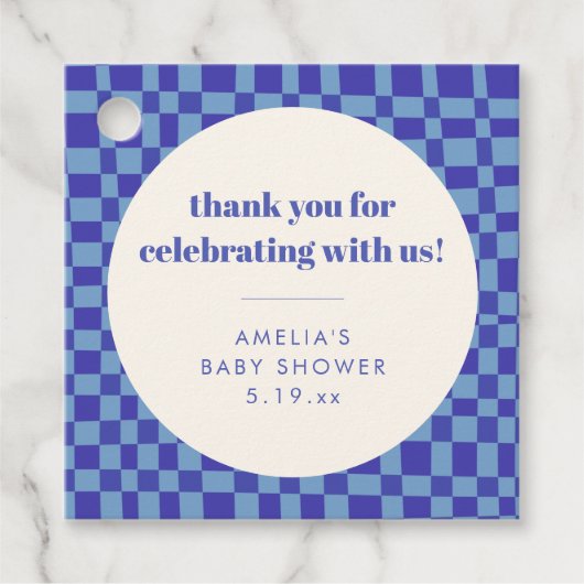 Checkerboard Blue Custom Baby Shower Thank You フェイバータグ (正面)
