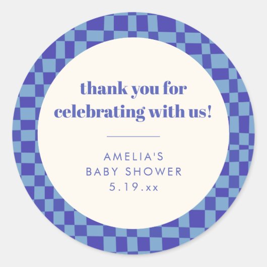 Checkerboard Blue Custom Baby Shower Thank You ラウンドシール (正面)