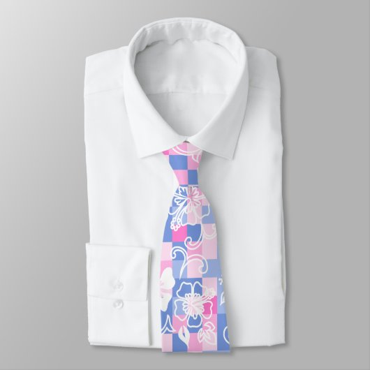 Checkerboard Hibiscus Hawaiian Floral- Peri Pink ネクタイ (タイ)