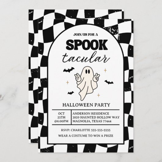 Checkerboard Retro Spooktacular Halloween 招待状 (正面/裏面)