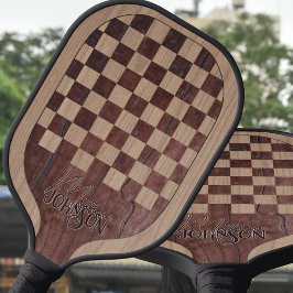 Checkerboard Wood Marquetry Imitation with Name ピックルボールラケット