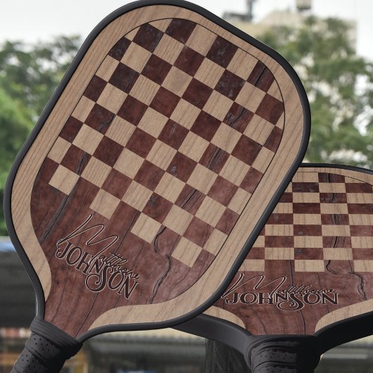 Checkerboard Wood Marquetry Imitation with Name ピックルボールラケット